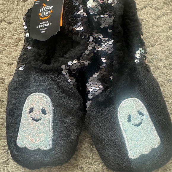NEW Hyde & EEK Halloween black sequin ghost slippers SIZE: M/L, US 8-10 - Picture 1 of 1